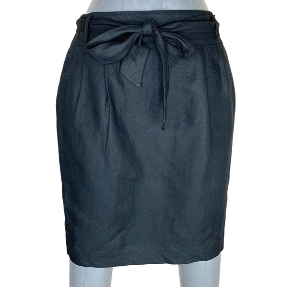 Size 10 Petite Ann Taylor LOFT Black Linen Blend Pencil Skirt Lined Belted - Picture 1 of 6